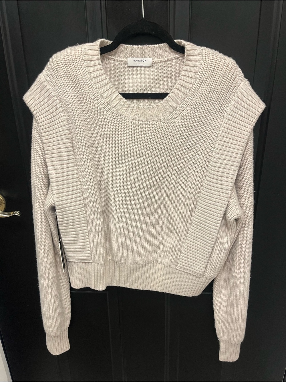 Babaton Beige Crewneck Rib-Trim Knit Sweater